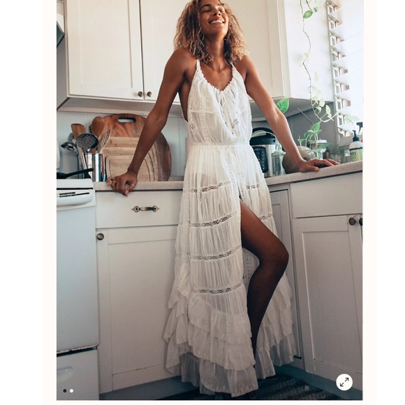 Free People Dolly Bodysuit Maxi Dress Lace Crochet Ethereal Vintage Tiered - Picture 1 of 6
